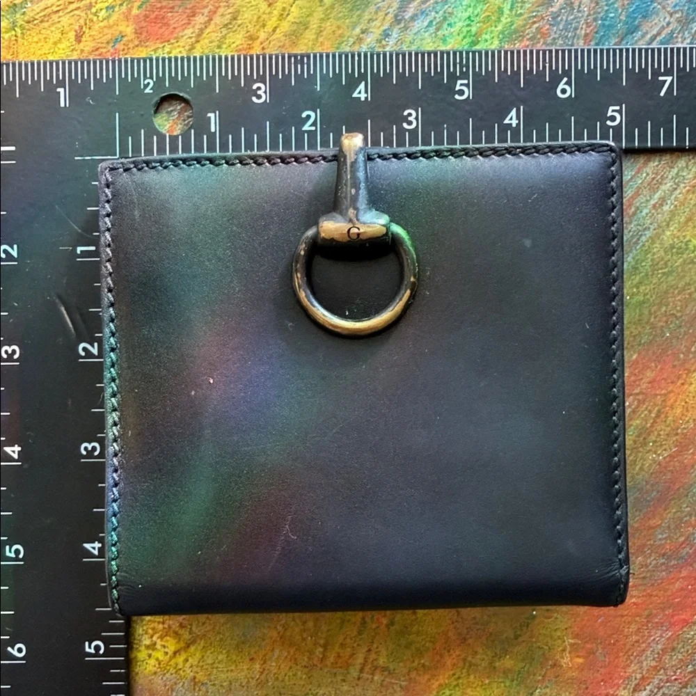 Gucci Black Leather Bifold Wallet w. Brass Ring Horsebit Accent Hardware Vintage